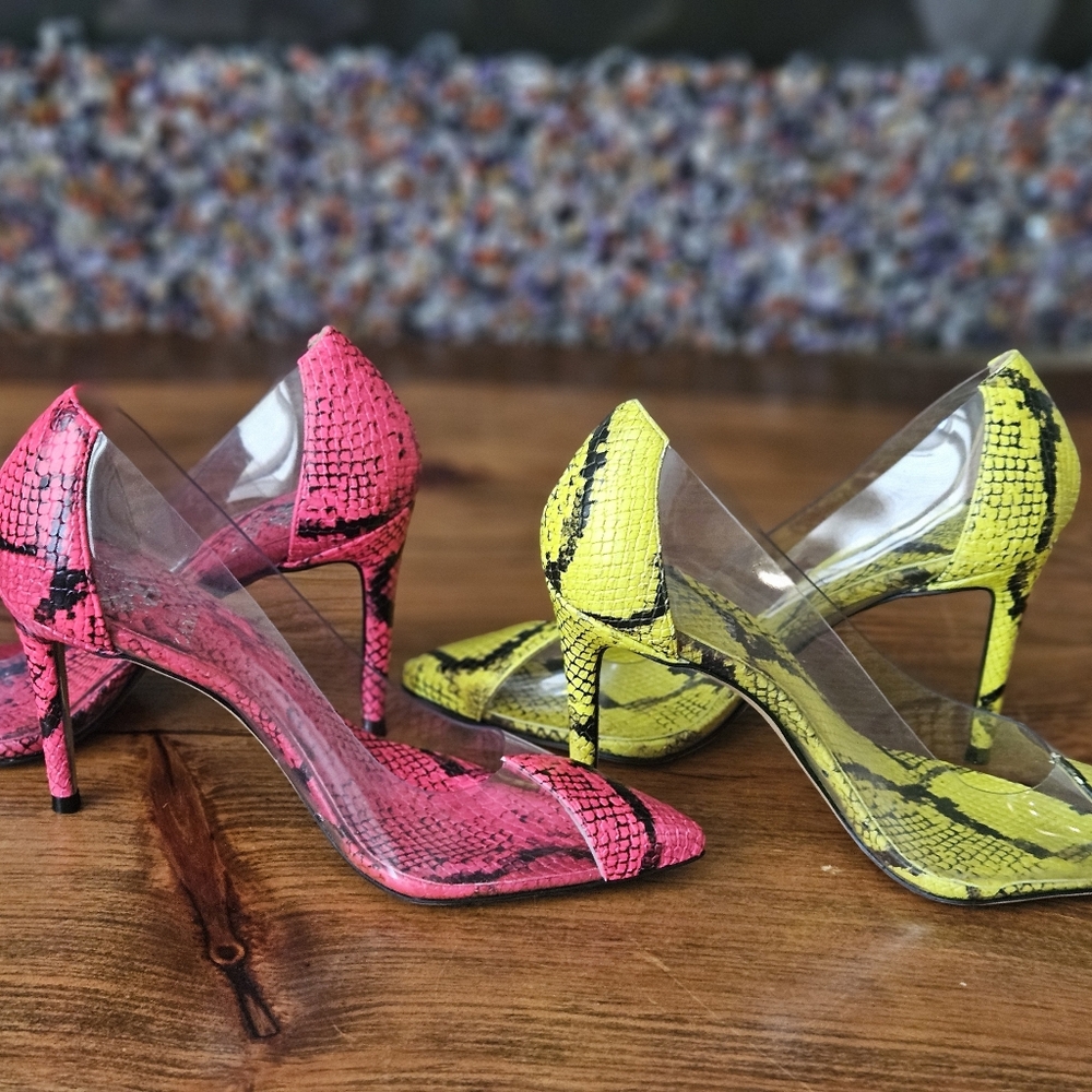 Vince Camuto Hot Pink and Neon Yellow Snakeskin Patter Heels